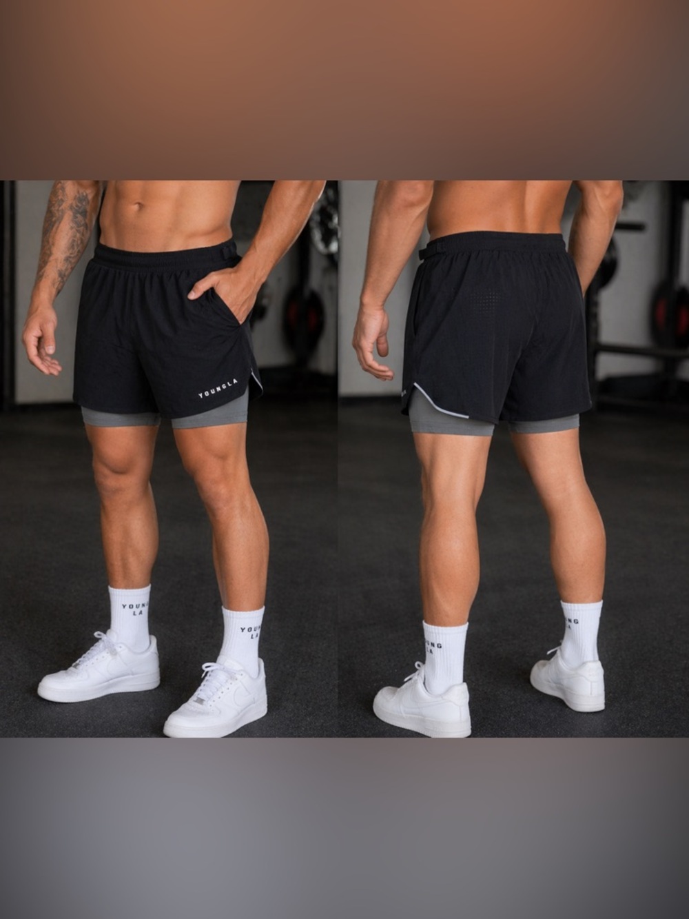 YoungLA 2 in 1 Shorts Mens Large Black Gray Lined Gym Running Workout Fit